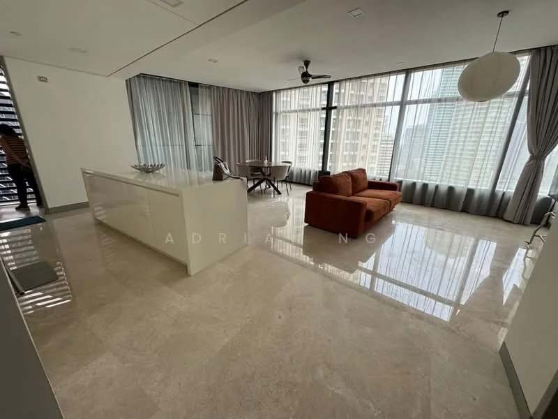 Living features: marble tile flooring, floor-to-ceiling windows, grey sheer curtains, 3-seater fabric sofa in orange, coffee table, dining table for four, ceiling fan, recessed downlights, open kitchen with white cabinetry, decorative bowl on countertop; style: modern; view: city.