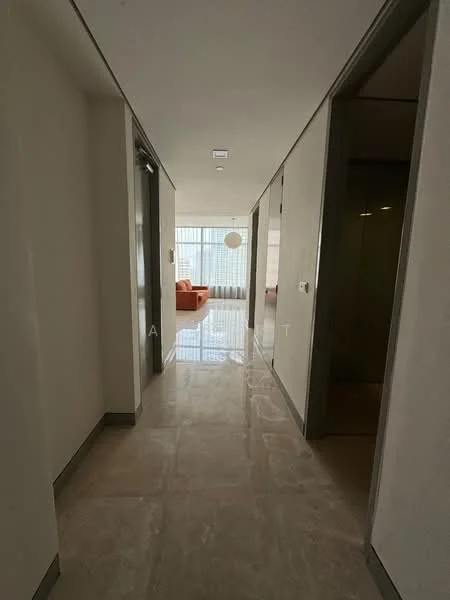 Hallway features: white painted walls, marble tile flooring, recessed downlights, door frames, large windows, natural light, neutral color scheme, smooth ceiling; style: modern.