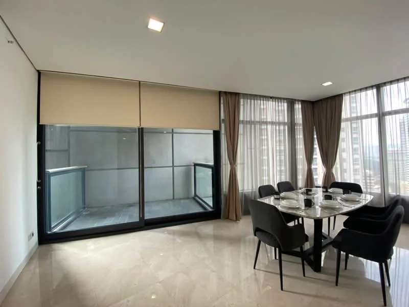 Dining features: round dining table, 6 upholstered dining chairs, floor-to-ceiling windows, sheer curtains, blackout curtains, marble flooring, balcony access, city view; style: modern; view: city.