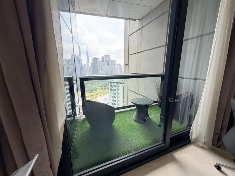 Balcony features: glass railing, artificial grass flooring, two modern outdoor chairs, small round table, city skyline view, curtains, concrete wall; style: modern; view: city.