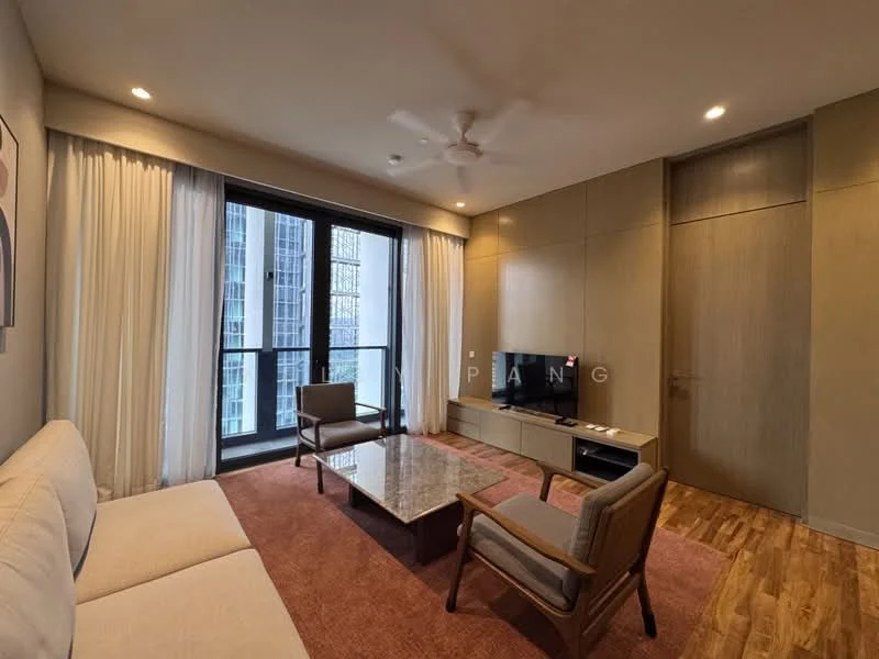 Living features: 3-seater fabric sofa in light beige, 2 armchairs in grey, marble coffee table, TV console, wall-mounted TV, floor-to-ceiling windows, sheer curtains, wooden flooring, ceiling fan, decorative wall art, area rug in terracotta, built-in cabinetry; style: modern; view: city.