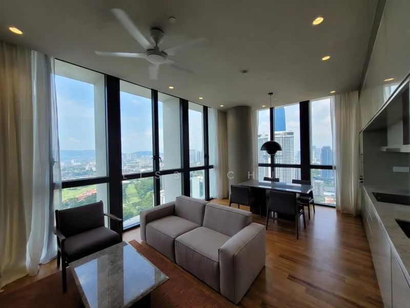 Living features: floor-to-ceiling windows, sheer curtains, 5-blade ceiling fan, sofa in light grey fabric, coffee table with marble top, wooden flooring, dining table for 4, chairs with upholstered seats, city view, recessed downlights; style: modern; view: city.