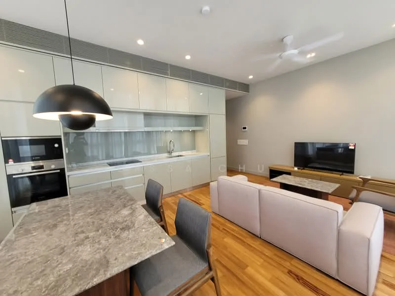 Living features: 3-seater fabric sofa in light grey, wooden coffee table, wall-mounted TV, TV console, pendant lamp, 5-blade ceiling fan with light, wooden flooring, recessed downlights, open-plan layout with kitchen, large windows, neutral wall color; style: modern. Kitchen features: white cabinetry, marble countertop, single-bowl stainless-steel sink, chrome pull-down faucet, built-in oven, freestanding range oven, microwave, ceramic tile backsplash, open shelving, recessed downlights; style: modern.