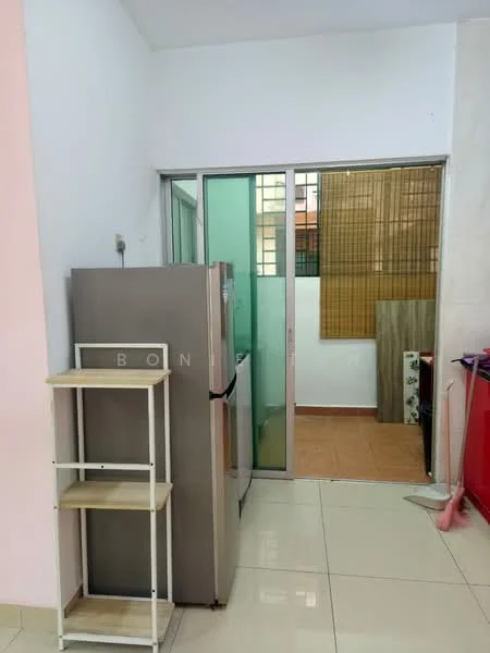 Room features: stainless-steel fridge, glass sliding door, tile flooring, white walls, wooden paneling, open shelving unit, window with bamboo blinds; style: modern.