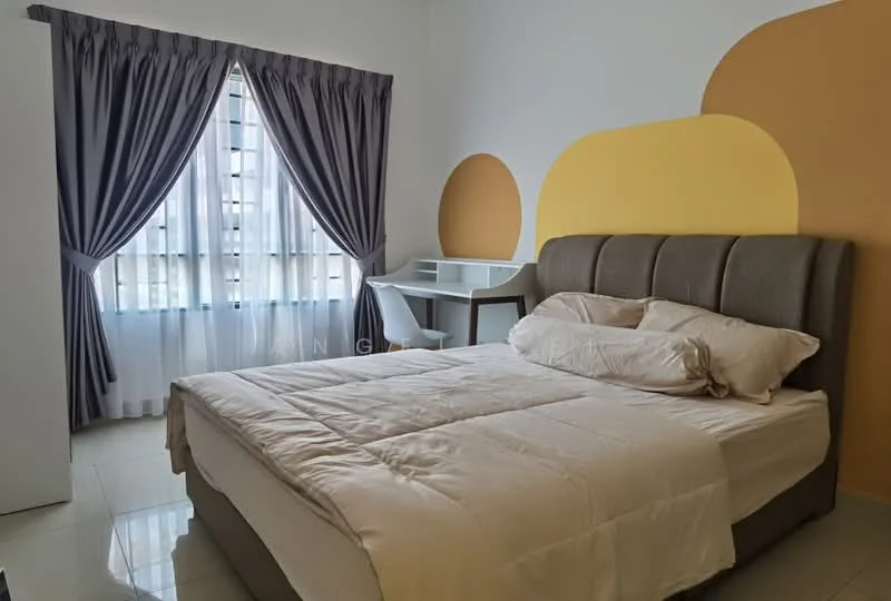 Bedroom features: king-size bed with upholstered headboard, white bedding, grey accent wall, yellow circular wall decor, floor-to-ceiling window with sheer curtains, white desk, white chair, glossy tile flooring, built-in wardrobe, decorative wall art; style: modern.