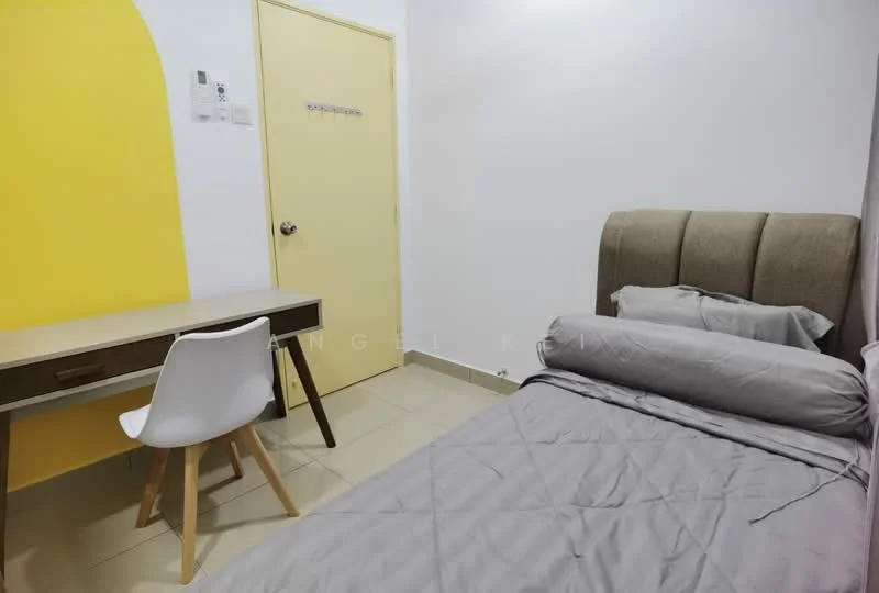 Bedroom features: single bed with grey bedding, upholstered headboard, study desk with drawer, white plastic chair, yellow accent wall, cream painted walls, tile flooring, door with yellow paint; style: modern.