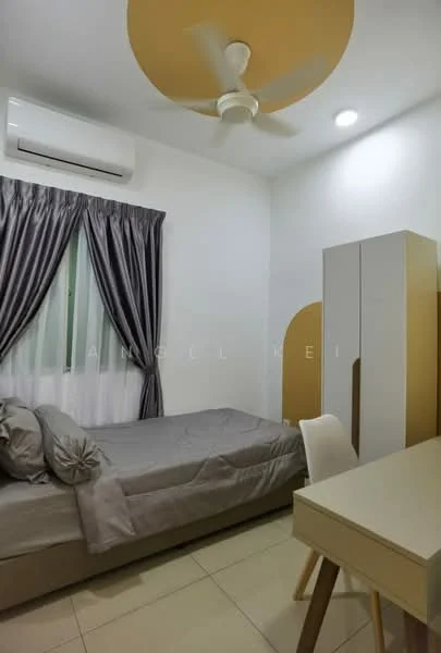 Bedroom features: single bed with grey bedding, upholstered headboard, white bedside table, study desk with light wood finish, white wardrobe with gold accents, floor-to-ceiling window with sheer curtains, grey curtains, wall-mounted split AC, ceiling fan with light, tile flooring, recessed downlights, decorative wall; style: modern.