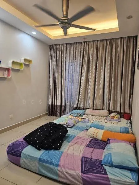 Bedroom features: floor-to-ceiling curtains, ceiling with recessed lighting, 5-blade ceiling fan, tiled flooring, decorative wall shelves, colorful bedding, multiple cushions, wall with light-colored paint; style: modern.