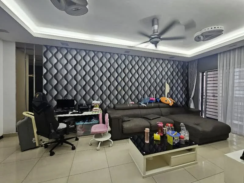 Living features: L-shape sectional sofa in dark grey, decorative accent wall with textured pattern, recessed ceiling with LED lighting, ceiling fan with light, glass sliding door, curtains, coffee table, computer desk with chair, decorative plush toys, tile flooring, wall-mounted TV, built-in wardrobe; style: modern.