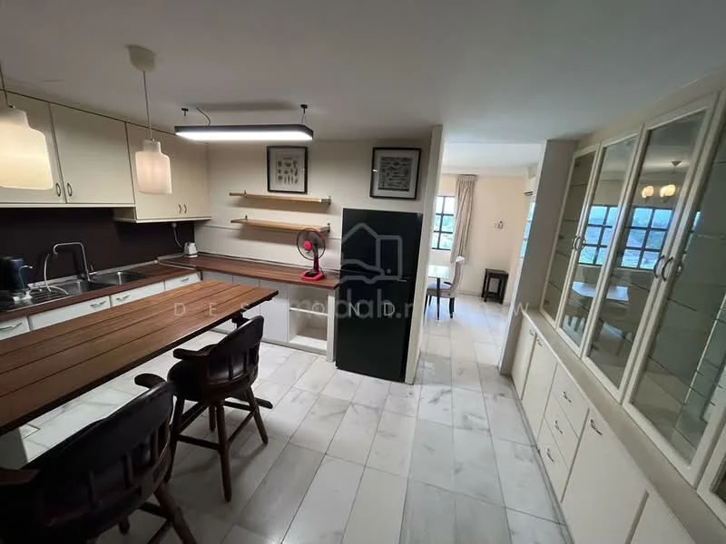 Kitchen features: white cabinetry with flat-panel doors, wooden countertop on kitchen island, stainless-steel sink, chrome pull-down faucet, built-in oven, freestanding range oven, refrigerator, open shelving, pendant lighting, marble tile flooring, wall-mounted fan, window with sheer curtains, bar stools at island; style: modern. Dining features: 6-seater dining table, upholstered dining chairs, glass-front display cabinet, window with curtains; style: modern.