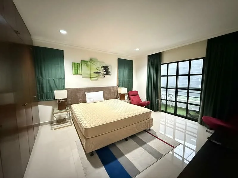 Bedroom features: queen-size bed with beige mattress, wooden headboard, green curtains, floor-to-ceiling windows, white walls, cream tiled flooring, red accent chair, nightstand with lamp, abstract wall art, built-in wardrobe with sliding doors, area rug with geometric pattern, desk with chair; style: modern; view: city.