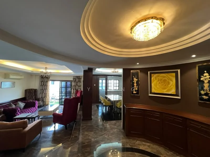 Living features: marble flooring, tray ceiling with recessed lighting, chandelier, floor-to-ceiling windows, curtains with geometric pattern, purple fabric armchair, red upholstered armchair, wooden console with decorative artwork, dining area with large table and chairs, open layout to balcony, decorative wall art; style: luxury; view: garden.