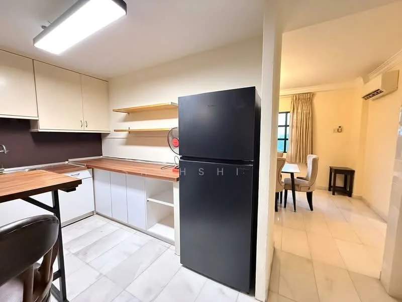 Kitchen features: white cabinetry, wood countertop, black refrigerator, stainless-steel sink, single-bowl stainless-steel sink, wall-mounted shelves, ceramic tile flooring, recessed ceiling lights; style: modern. Dining features: dining table, upholstered dining chairs, curtains, window, light-colored walls; style: modern.