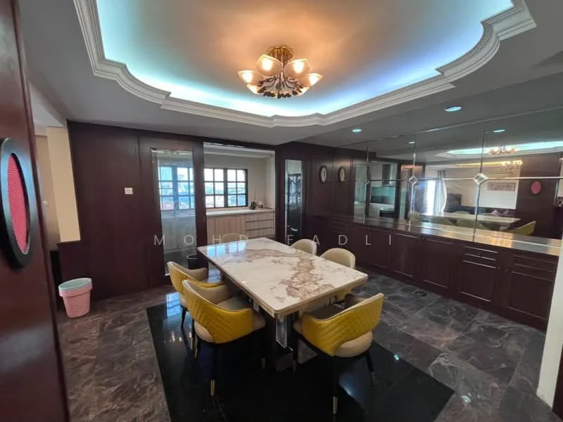 Dining features: marble dining table, yellow upholstered dining chairs, dark wood cabinetry, mirrored backsplash, recessed downlights, crown moulding, black polished stone flooring, window with grid pattern, built-in cabinets, ceiling light fixture; style: modern. Kitchen features: dark wood cabinetry, mirrored backsplash, built-in appliances, recessed downlights, ceiling light fixture; style: modern.