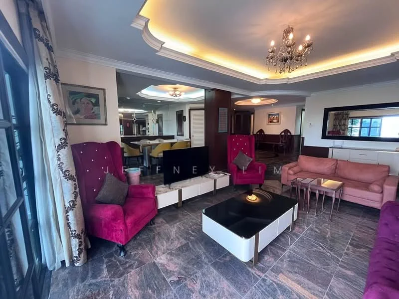 Living features: pink velvet armchair, 3-seater pink sofa, 2-seater pink sofa, black coffee table, marble flooring, tray ceiling with recessed lighting, chandelier, floor-to-ceiling windows, curtains with floral pattern, framed artwork on wall, decorative mirror, side tables, dining area visible in background; style: modern; view: city.