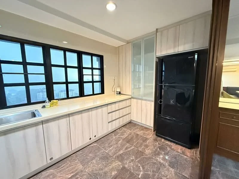 Kitchen features: single-bowl stainless-steel sink, chrome pull-down faucet, black refrigerator, white cabinetry with flat-panel design, marble tile flooring, floor-to-ceiling windows, countertop with light wood finish, built-in cabinets, window treatments, LED ceiling lights; style: modern; view: city.