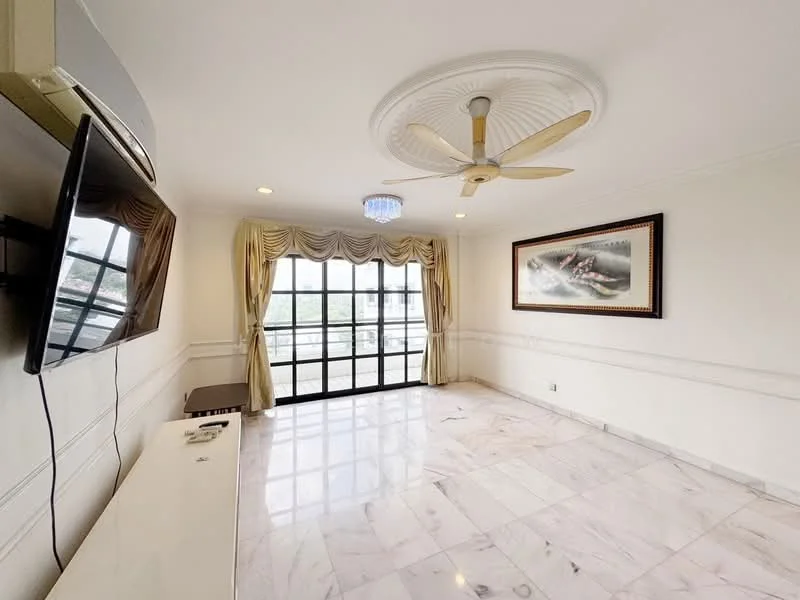 Living features: marble flooring, white painted walls, tray ceiling, 5-blade ceiling fan with light, floor-to-ceiling windows, sheer curtains, wall-mounted TV, TV console, decorative artwork, recessed lighting; style: modern; view: city.