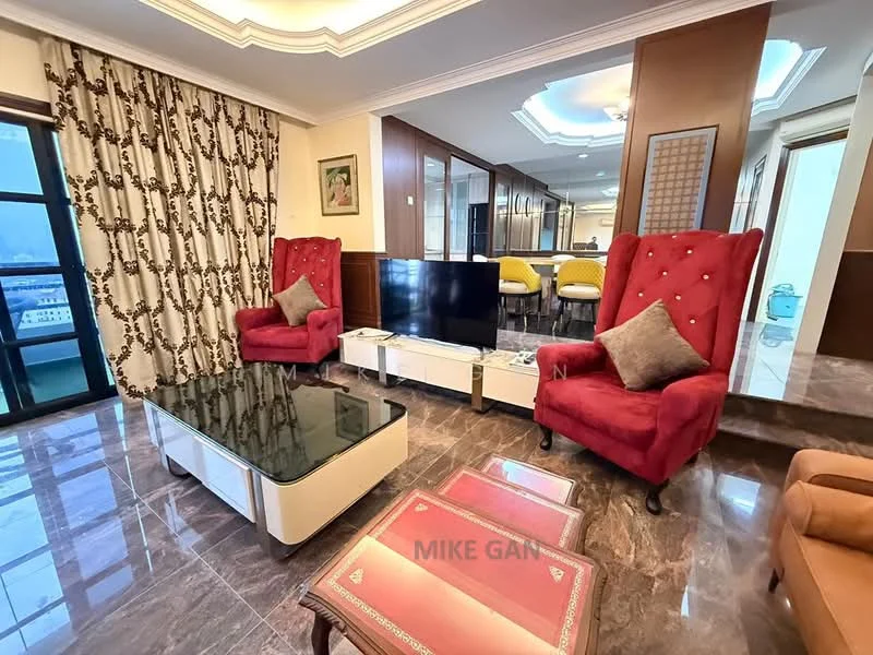 Living features: two red upholstered armchairs, black glass coffee table, white TV console, wall-mounted TV, marble flooring, decorative curtains with floral pattern, recessed ceiling lights, open layout to dining area; style: modern; view: city.