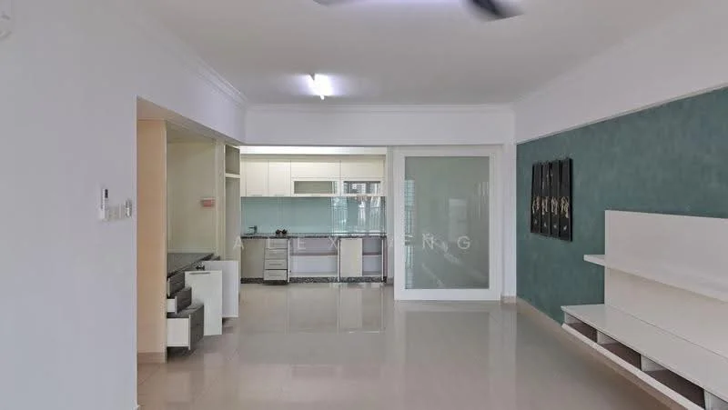 Living features: white painted walls, light grey accent wall, polished tile flooring, ceiling fan, recessed downlights, built-in shelving unit, large glass sliding door, open layout to kitchen; style: modern. Kitchen features: white cabinetry, stainless-steel appliances, glass backsplash, granite countertop, kitchen island, built-in oven, 4-burner gas hob, double-bowl stainless-steel sink; style: modern.
