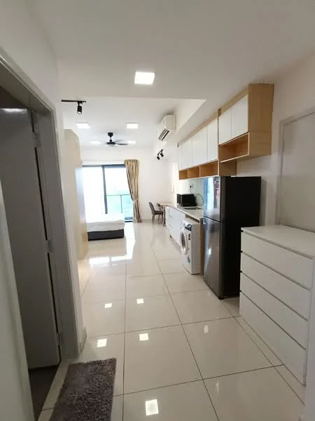Kitchen features: white cabinetry, black fridge, built-in oven, microwave, washing machine, single-bowl stainless-steel sink, chrome pull-down faucet, white countertop, tile backsplash, recessed LED downlights, 5-blade ceiling fan, ceramic tile flooring; style: modern. Living features: sofa bed, dining table with chairs, floor-to-ceiling windows, curtains, wall-mounted air conditioning unit, recessed LED downlights, ceramic tile flooring; style: modern.