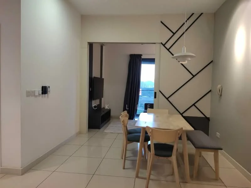 Dining features: rectangular dining table, 4 dining chairs, pendant lamp, floor-to-ceiling windows, grey curtains, white walls, light-colored tiled flooring, wall-mounted TV, decorative wall with geometric pattern; style: modern.