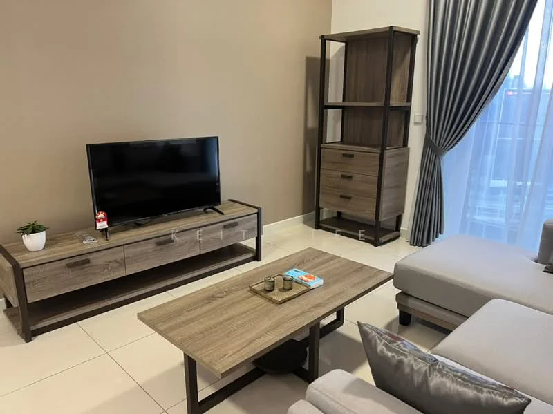 Living features: grey fabric sectional sofa, wooden coffee table, TV console with drawers, flat-screen TV, wooden shelving unit, decorative plant in pot, curtains with vertical stripes, light-colored tiled flooring, wall with beige paint, wall-mounted decor, decorative items on coffee table; style: modern.