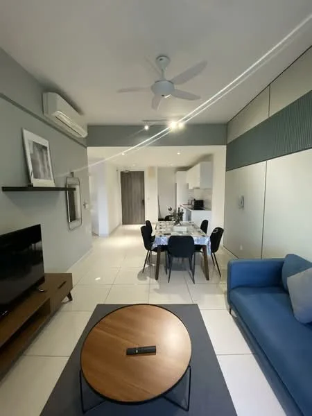 Living features: blue fabric sofa, wooden coffee table, area rug, wall-mounted TV, TV console, 5-blade ceiling fan with light, recessed downlights, white painted walls, grey accent wall, sliding glass door, floor-to-ceiling windows, dining area visible in background; style: modern. Dining features: 6-seater dining table, black upholstered dining chairs, white cabinetry in background, open kitchen layout; style: modern.