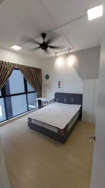 Bedroom features: queen-size bed, upholstered headboard, 2 bedside lamps, ceiling fan, floor-to-ceiling windows, curtains, light-colored walls, laminate flooring, built-in wardrobe, decorative wall art; style: modern.