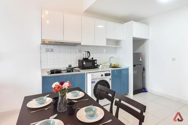 Kitchen features: white upper cabinets, blue lower cabinets, stainless-steel sink, chrome pull-down faucet, built-in oven, freestanding washing machine, stainless-steel fridge, white tiled backsplash, ceramic tile flooring, recessed downlights, dining table with black chairs, table set with plates and flowers; style: modern.