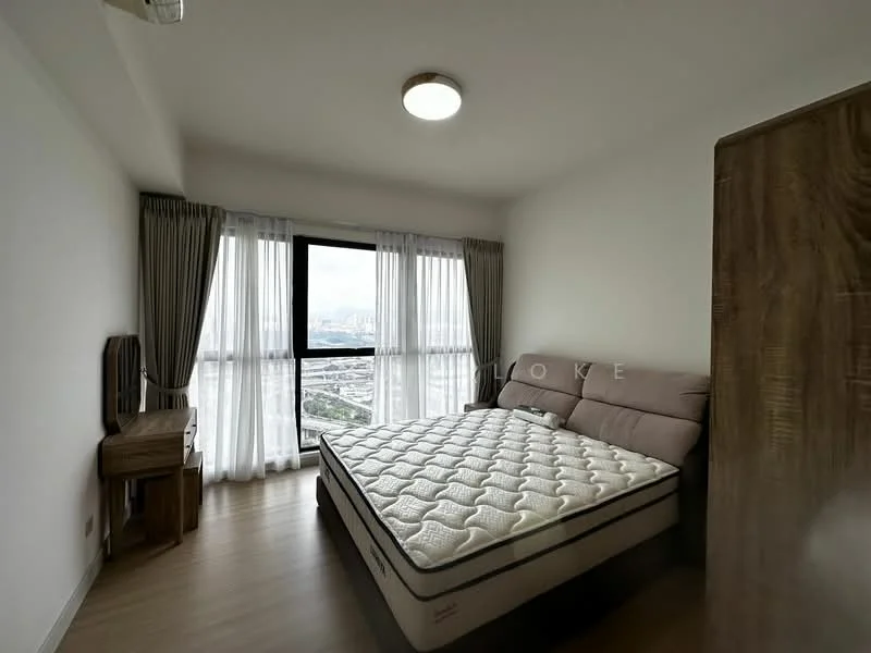 Bedroom features: queen-size bed, upholstered headboard, wooden bedside table, floor-to-ceiling window, sheer curtains, wooden wardrobe, laminate flooring, recessed ceiling light; style: modern; view: city.