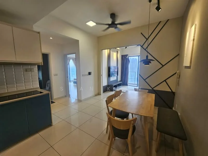 Kitchen features: blue cabinetry, white backsplash, stainless-steel sink, built-in oven, 4-burner gas hob, refrigerator, white countertop, tile flooring; style: modern. Dining features: wood dining table, 4 wooden dining chairs, black upholstered bench, ceiling fan, pendant light, wall-mounted decor, tile flooring; style: modern. Living features: sofa, TV console, wall-mounted TV, large window, natural light, tile flooring; style: modern; view: city.