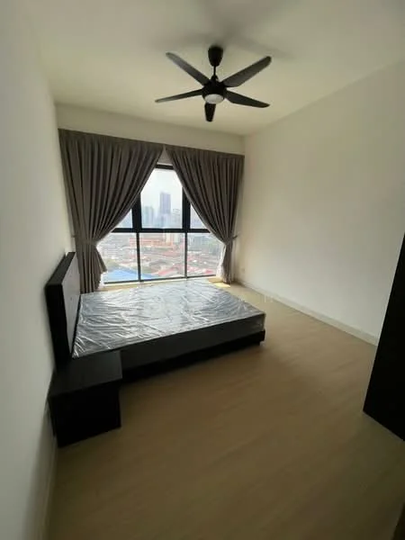 Bedroom features: queen-size bed, black bed frame, floor-to-ceiling window, city view, grey curtains, 5-blade ceiling fan, light-colored laminate flooring, white painted walls; style: modern; view: city.