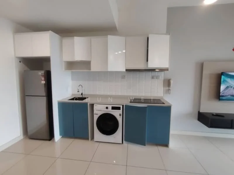 Kitchen features: white upper cabinets, blue lower cabinets, stainless-steel fridge, single-bowl stainless-steel sink, chrome pull-down faucet, built-in stove with cooktop, front-load washing machine, white tiled backsplash, white tiled flooring, wall-mounted TV console, recessed lighting; style: modern.