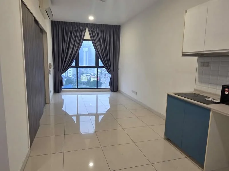 Living features: white painted walls, glossy tile flooring, floor-to-ceiling windows, grey curtains, kitchenette with blue cabinetry, white upper cabinets, stainless-steel sink, built-in cooktop, open layout, city view; style: modern; view: city.