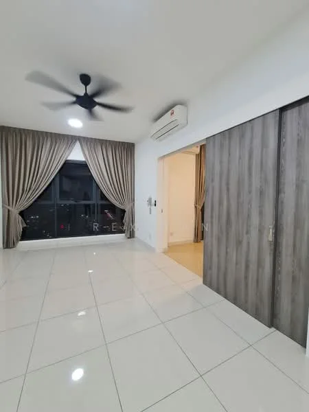 Bedroom features: white painted walls, glossy ceramic tile flooring, 5-blade ceiling fan, floor-to-ceiling windows, blackout curtains, built-in wardrobe with sliding doors, air conditioning unit, neutral color scheme; style: modern; view: city.