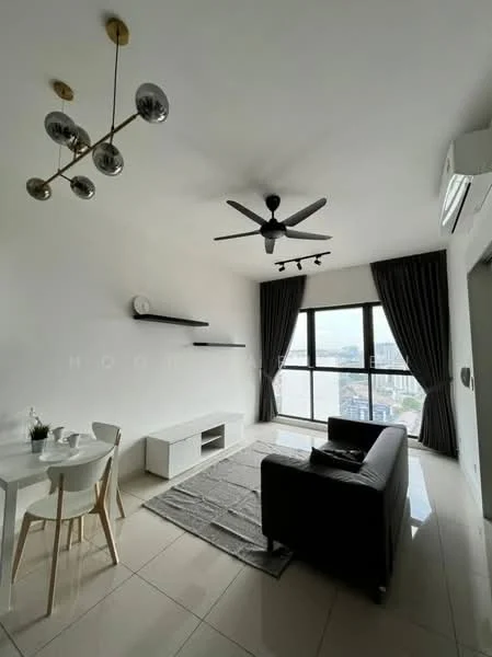 Living features: 3-seater leather sofa, coffee table, TV console, wall-mounted TV, area rug, floor-to-ceiling windows, blackout curtains, 5-blade ceiling fan with light, recessed downlights, shelves on wall, dining table with 2 chairs; style: modern; view: city.
