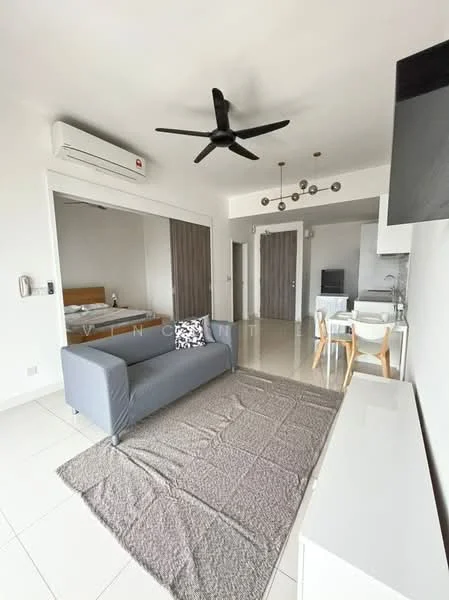 Living features: 3-seater fabric sofa in grey, ceiling fan, wall-mounted TV, white TV console, dining table for 4, 4 dining chairs, light fixture with multiple bulbs, tile flooring, air conditioning unit, decorative throw pillow, area rug in beige, large windows with natural light; style: modern. Room features: bed with wooden frame, wardrobe with sliding doors.