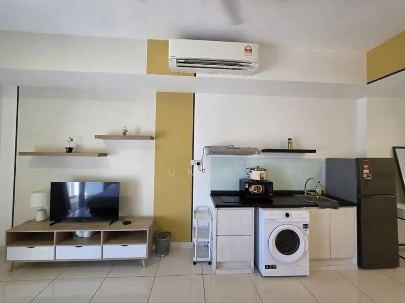 Room features: white walls, cream accent wall, glossy tile flooring, wall-mounted split AC, TV on console, wooden TV console with drawers, open shelving above TV, black countertop, stainless-steel fridge, built-in microwave, single-bowl white washing machine, kitchen cabinetry, kitchen sink, kettle on countertop; style: modern.