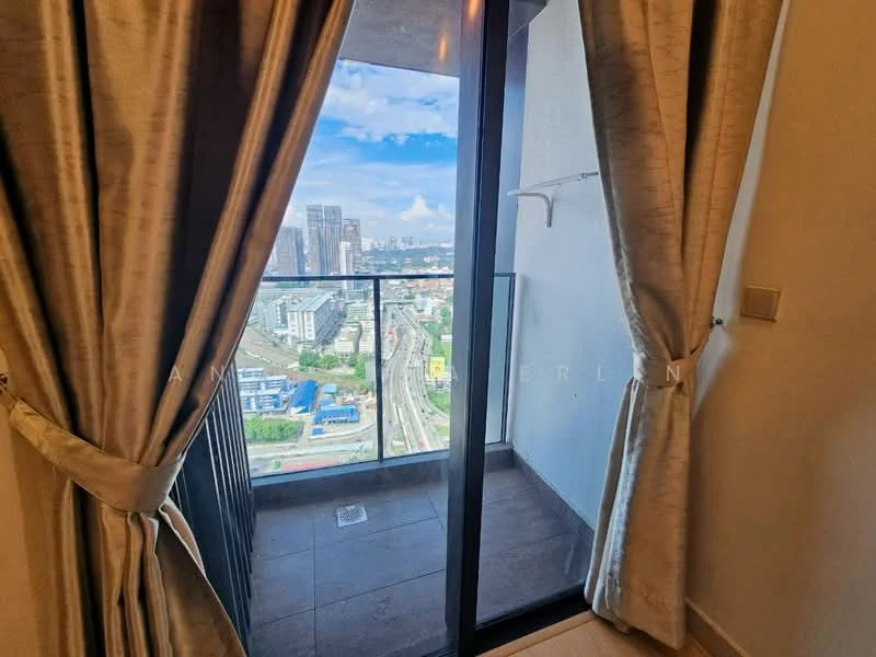 Room features: floor-to-ceiling sliding glass door, curtains, tile flooring, balcony railing, city view; view: city.