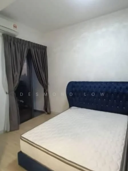 Bedroom features: blue upholstered bed with tufted headboard, mattress on bed frame, light wood flooring, white painted walls, curtains in grey fabric, floor-to-ceiling window, air conditioning unit on wall; style: modern.
