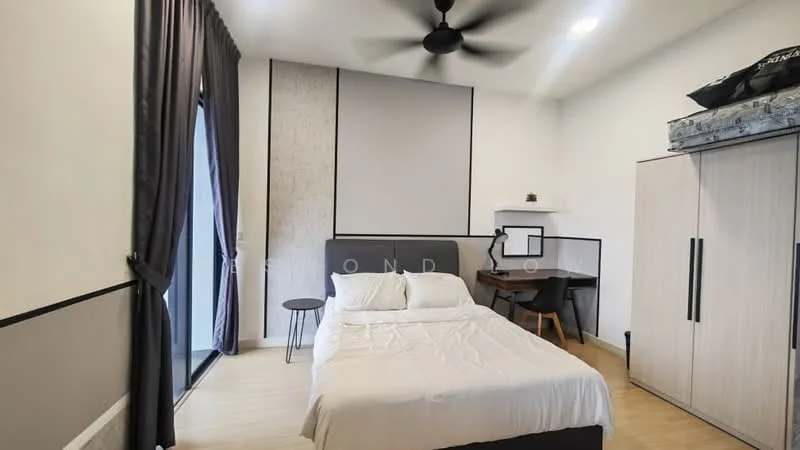 Bedroom features: queen-size bed with white bedding, black ceiling fan with light, floor-to-ceiling windows, grey accent wall, light wood flooring, built-in wardrobe with sliding doors, study desk with chair, small round side table, decorative plant on desk, black curtains, white wall with decorative paneling; style: modern.