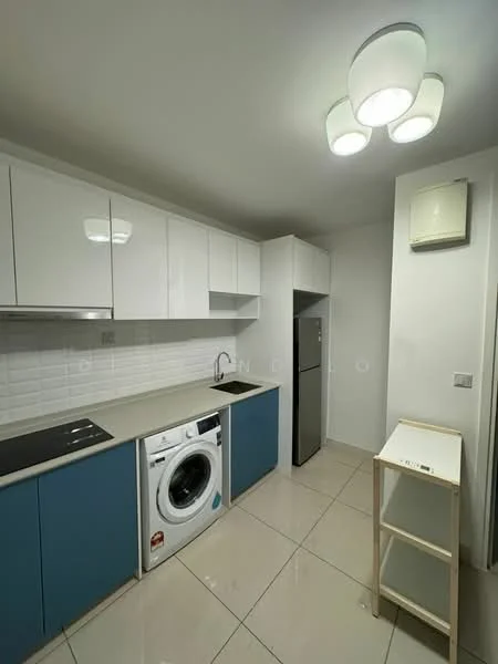 Kitchen features: white upper cabinets, blue lower cabinets, ceramic tile flooring, white backsplash tiles, single-bowl stainless-steel sink, chrome pull-down faucet, built-in electric cooktop, freestanding washing machine, stainless-steel refrigerator, ceiling light fixture, wall-mounted air conditioning unit, open shelving unit; style: modern.