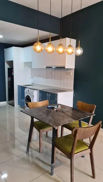 Kitchen features: white cabinetry, grey countertop, stainless-steel sink, chrome pull-down faucet, built-in oven, fridge, front-load washing machine, pendant lighting with glass globes, ceramic tile flooring, green upholstered dining chairs, wood dining table, wall-mounted cabinets, tile backsplash; style: modern.