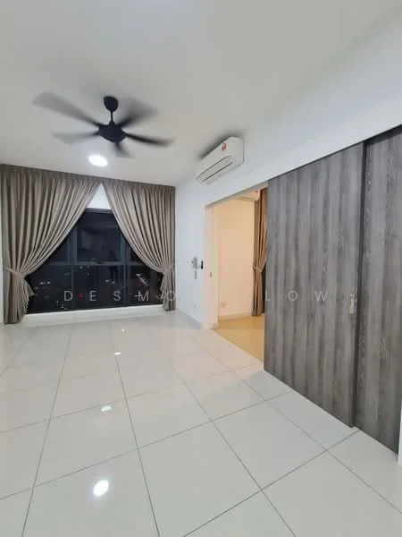 Bedroom features: white painted walls, glossy tile flooring, 5-blade ceiling fan with light, floor-to-ceiling windows, blackout curtains, built-in wardrobe with sliding doors, air conditioning unit, recessed downlights; style: modern; view: city.