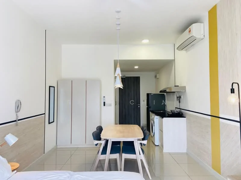 Room features: white painted walls, light-colored tiled flooring, 1 wall-mounted split AC, dining table with 4 chairs, refrigerator, black kitchen cabinet, built-in stove, pendant light fixture, wall-mounted light sconce, door with a dark finish, decorative wall paneling, ceiling lights; style: modern.