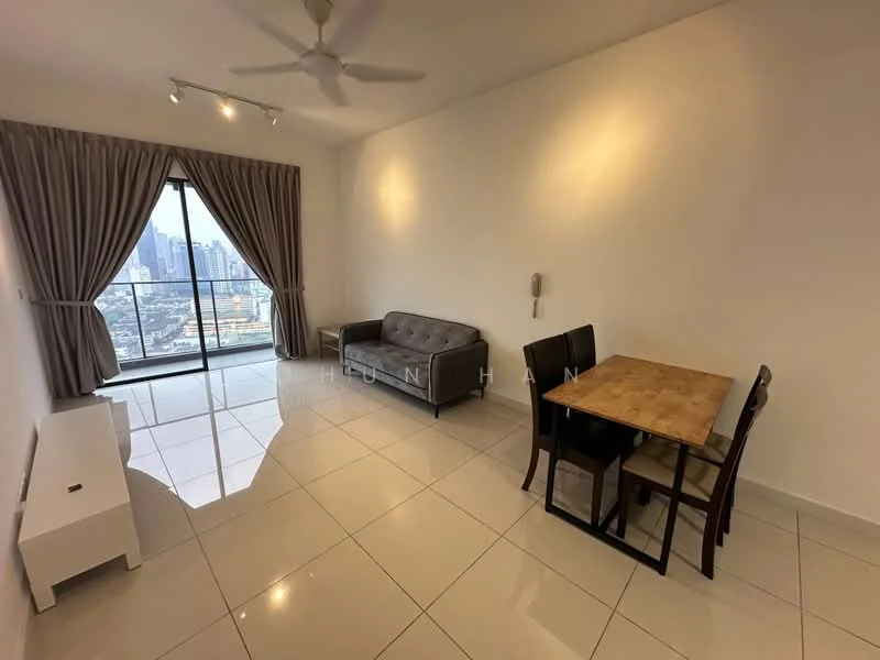 Living features: grey fabric sofa, 4-seater dining table with wooden top, black dining chairs, white TV console, floor-to-ceiling windows, curtains, recessed downlights, glossy tile flooring, ceiling fan; style: modern; view: city.