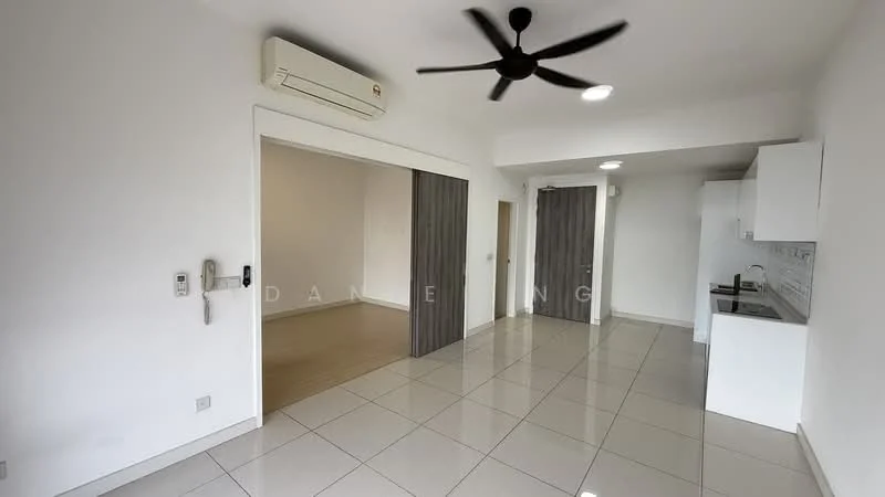 Living features: white painted walls, glossy ceramic tile flooring, 5-blade ceiling fan with light, wall-mounted split AC, sliding door to adjacent room, doorway to hallway, kitchenette with countertop, recessed ceiling lights; style: modern. Room features: white painted walls, glossy ceramic tile flooring, doorway to living area.