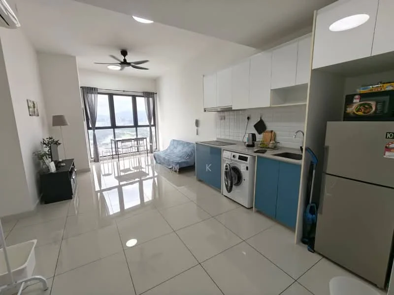 Kitchen features: white cabinets with blue accents, single-bowl stainless-steel sink, chrome pull-down faucet, built-in oven, freestanding washing machine, refrigerator, white tiled backsplash, ceramic tile flooring, 5-blade ceiling fan with light, floor-to-ceiling windows, curtains, dining table, sofa, decorative plant; style: modern; view: city.