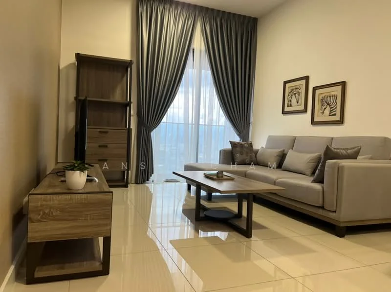Living features: grey fabric sofa, coffee table, wooden TV console, decorative plant in white pot, floor-to-ceiling windows, sheer curtains, framed artwork on walls, glossy tile flooring, neutral wall colour, wooden shelving unit; style: modern; view: city.