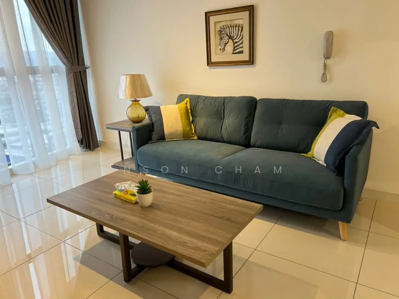 Living features: 3-seater fabric sofa in teal, decorative cushions in yellow and white, wooden coffee table, table lamp with beige shade, framed artwork on wall, floor-to-ceiling windows with sheer curtains, glossy tile flooring, wall-mounted telephone; style: modern.